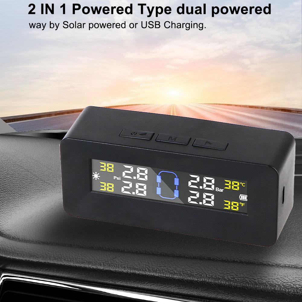 Car TPMS Tyre Temperature Monitor Tire Pressure Monitoring System 4 Sensors Digital LCD Display Solar/USB Powered Auto Security Alarm Systems