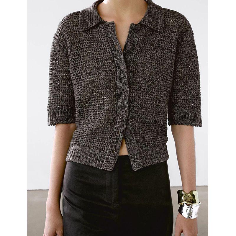 MD Spring and Summer Women's Clothing Old Money Style Relaxed Feeling Lazy Cut Out Polo Collar Short Sleeve Knitting Cardigan 5704559