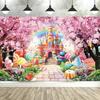 Sweet Candy Castle Cherry Blossom Theme Birthday Photography Background, Children's Birthday Party Banner Photography Background6