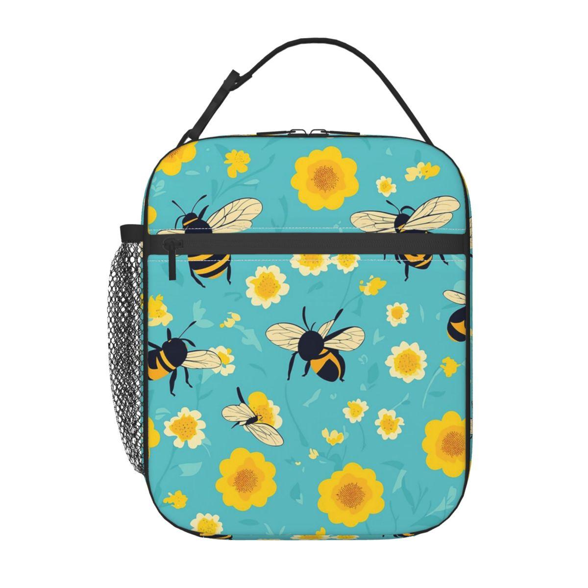 Flowers And Bee Pattern Insulated Lunch Bag for Women Kids Portable Food Boxes Thermal Lunch Box Tote One Size