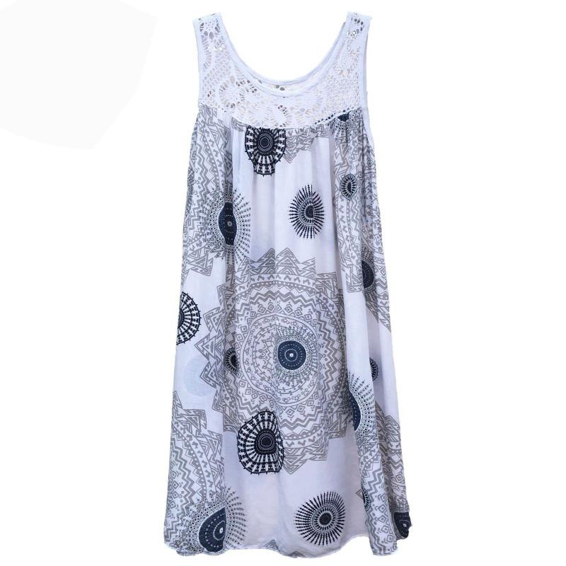 European and American Women s Lace Printing Sleeveless Pendulum Loose Sexy Dress S белый