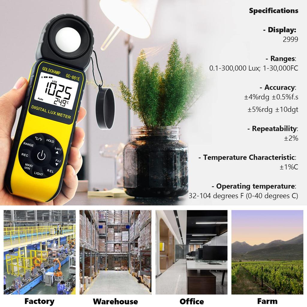 GOLDCHAMP Termometro Misuratore di Luce Digitale Integrato Misurazione Luce con Display Retroilluminato per Luce LED Registrazione Dati di Misura Rotante Adatto per