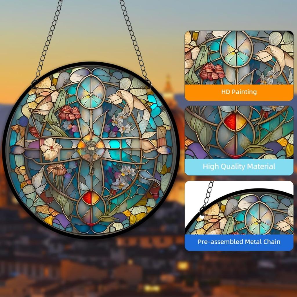 HOTIYOK God Bless Acrylic Window Hanging Vintage Cross Stained Wall Decor, Ideal Housewarming Gift, Home Decor for Mom Grandma Wife Teacher