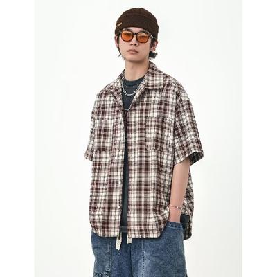 Retro Kariertes Hemd Herren Kurzärmliges Trendiges Lässiges Vielseitiges Hemd Hongkong-Stil Frühling und Herbst Rowdy Gutaussehendes Inch Jacke