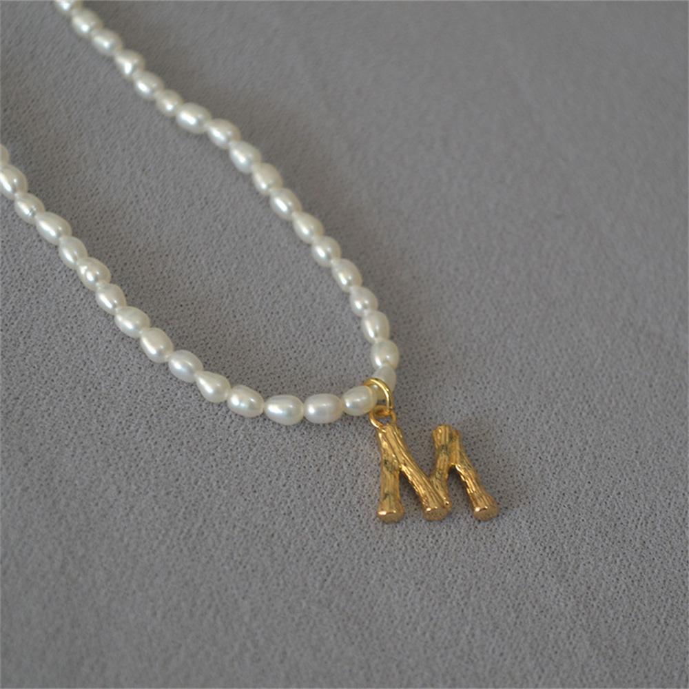 French Vintage Oval Artificial Pearl Chain Necklace For Women Fashion Boho Gold-plate Metal Tree Texture Letter Pendant Jewelry