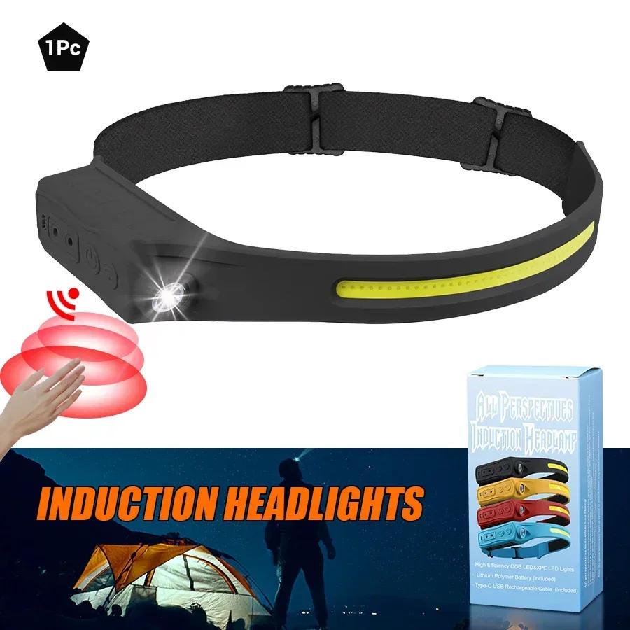 Sensor LED Headlamp Rechargeable COB Floodlight Flashlight 5 Lighting Modes Head Torch for Fishing Camping, Work Practical Gift