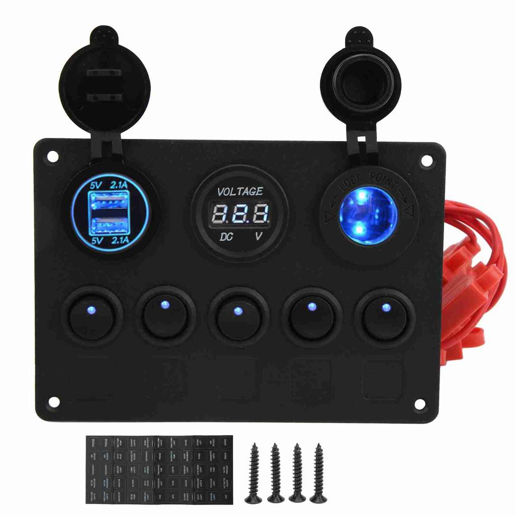 Panel de interruptores basculantes redondos de 12 y 24 V con 5 posiciones, doble puerto USB, cargador de coche, protección contra sobrecalentamiento y uso en barcos.