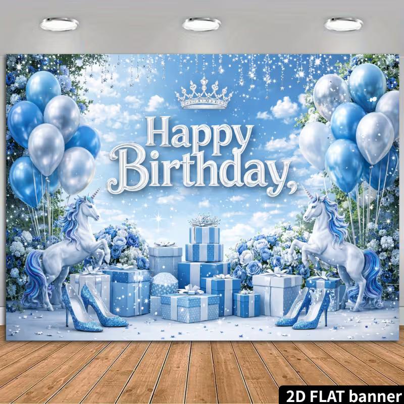 2D Blue Sky Unicorn Happy Birthday Photography Banner