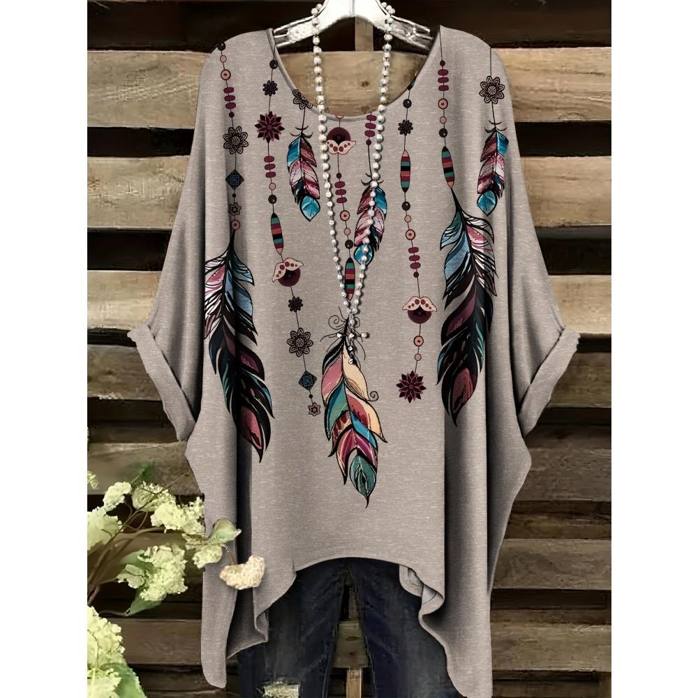 Sommar Dam Elegant Bohemisk Tvåfärgad T-shirt - Hjärta Blommigt Tryck med Fjäril Rund Hals Casual Blus Boho Älskare 2025