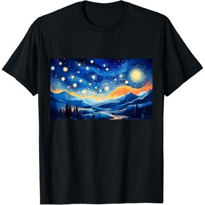 Snowy Winter Christmas Starry NIght Painting Art T-Shirt(4)