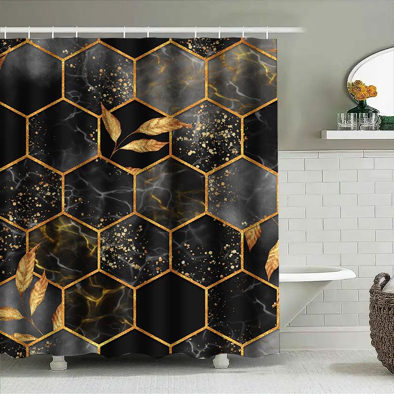 Luxury Hexagon Shower Curtain Set with Black Gold Marble Print for Bathroom Decor Waterproof Fabric Size 72 x 84 Inch (Black/Gol