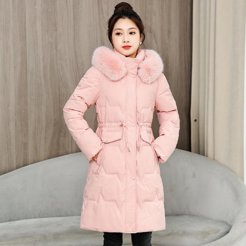 Medium and long slim-fitting large fur-neck cotton-padded clothes, new thin warm cotton-padded clothes, slim-fitting coats.