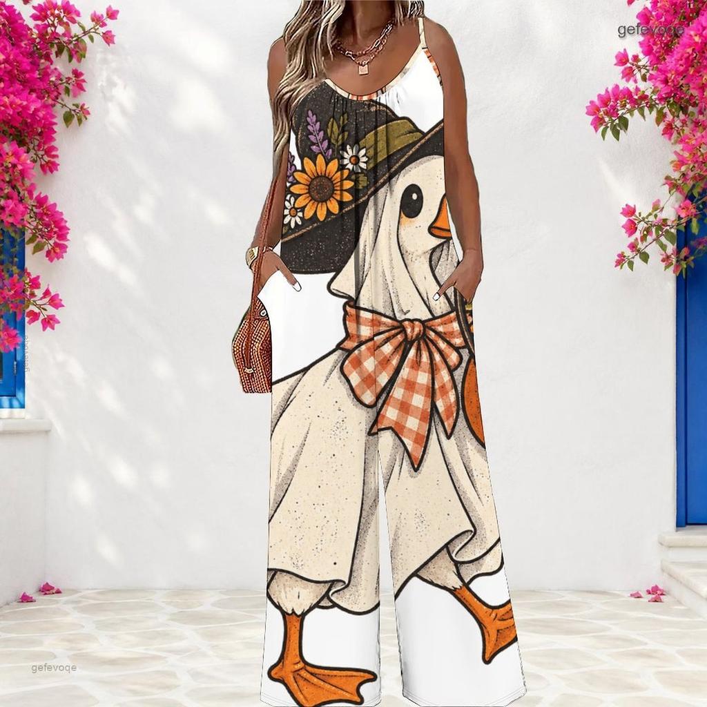 Damen Spaghettiträger Jumpsuit Süße Schwarze Katze Hexenhut Kürbis Halloween Print Weite Hosen Mit Taschen