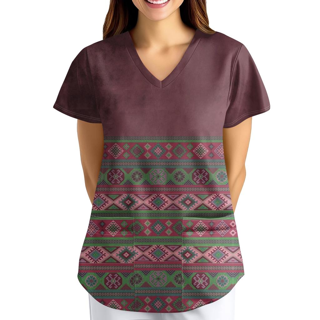 Nadměrná velikost Potištěný pracovní oděv Halenky pro dámský překřížený výstřih do V Potisk Krátký rukáv Zábavná trička Pracovní oděv Tričko s kapsami