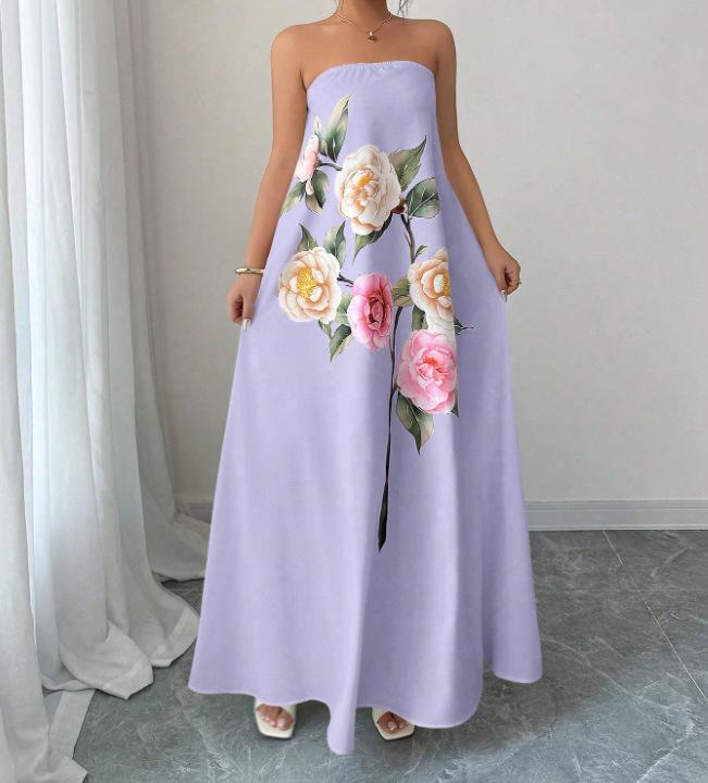 New spot, European and American cross-border fashion casual large skirt printed flower long sleeveless dress