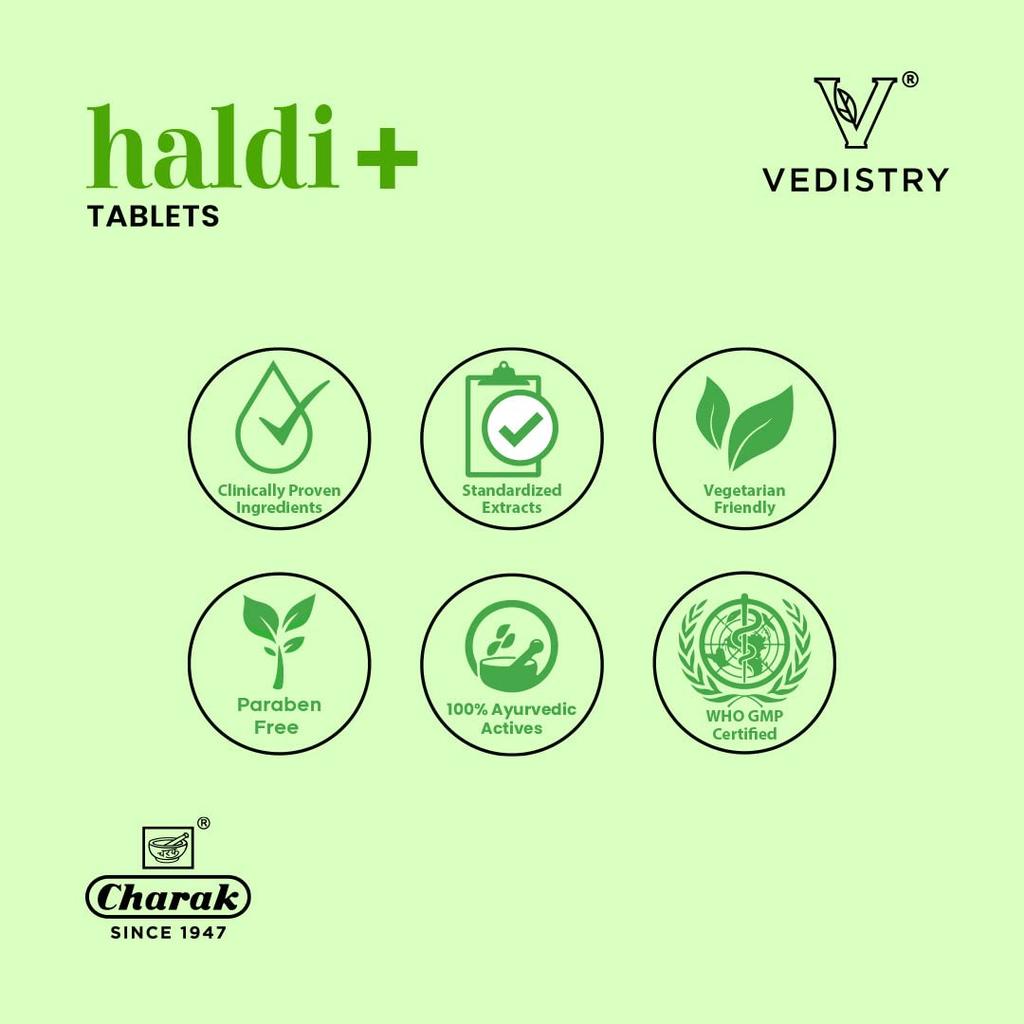 Vedistry Ayurvedic Haldi+ Tablets for Clear Skin, Immunity, Joint Care & Wellness – 60 Tablets X Pack of 2