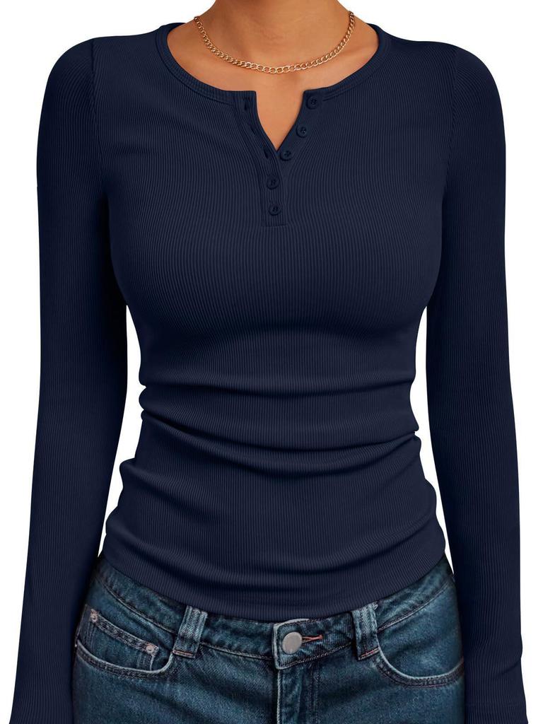 Women's Slim Fit Ribbed Henley Long Sleeve T-Shirt for Autumn