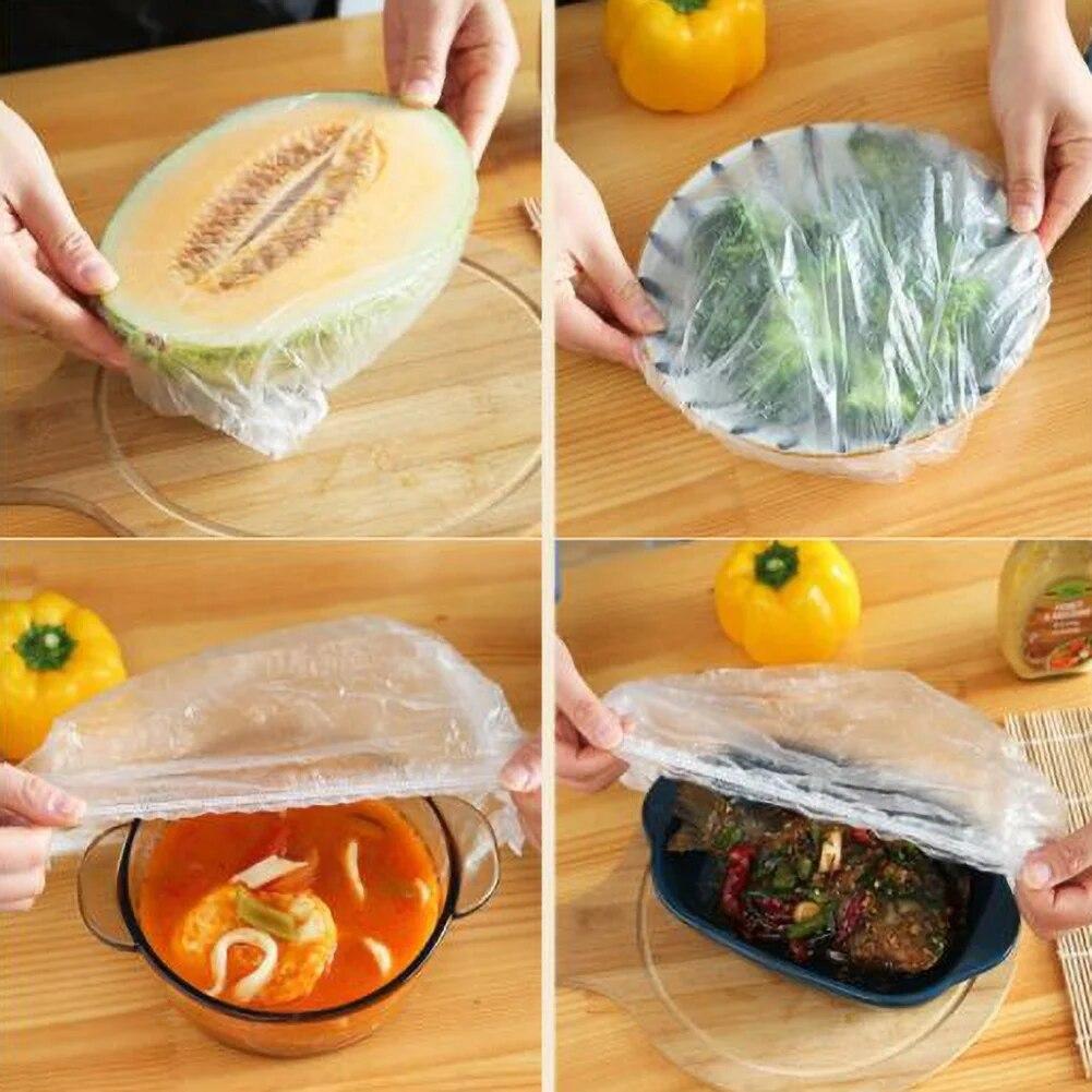 100pcs Reusable Plastic Wrap Elastic Food Lids For Fruit Bowls Cups Caps Storage Kitchen Fresh Keeping Saver Bag