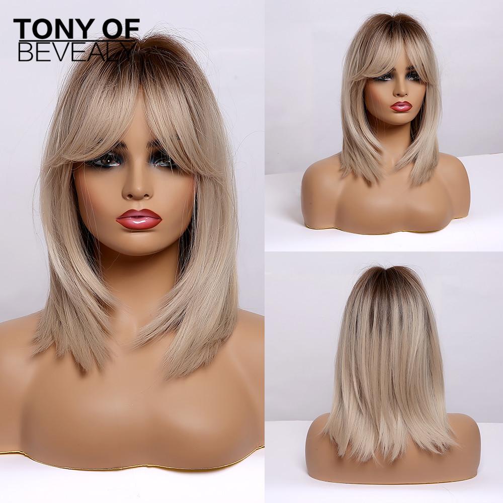 Medium Length Ombre Brown To Blonde Straight Hair Wigs with Bangs Synthetic Wigs for Women Cosplay Heat Resistant Natural Wigs