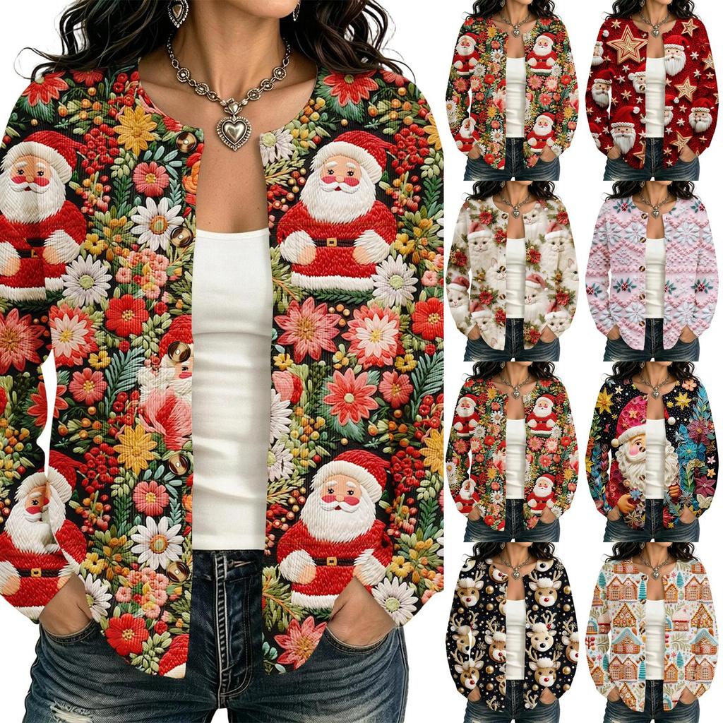 Women's Fashion Long Sleeve Christmas Print Cardigan for Casual Holiday Wear
