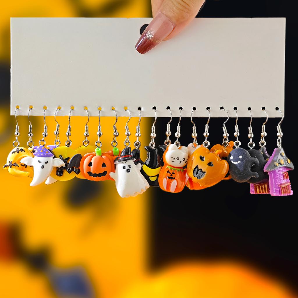Neues Halloween Niedlich Lustig Kürbis Fledermaus Geist Schwarze Katze Spinne Hexenhut Harz Anhänger Ohrringe Halloween Geschenkset