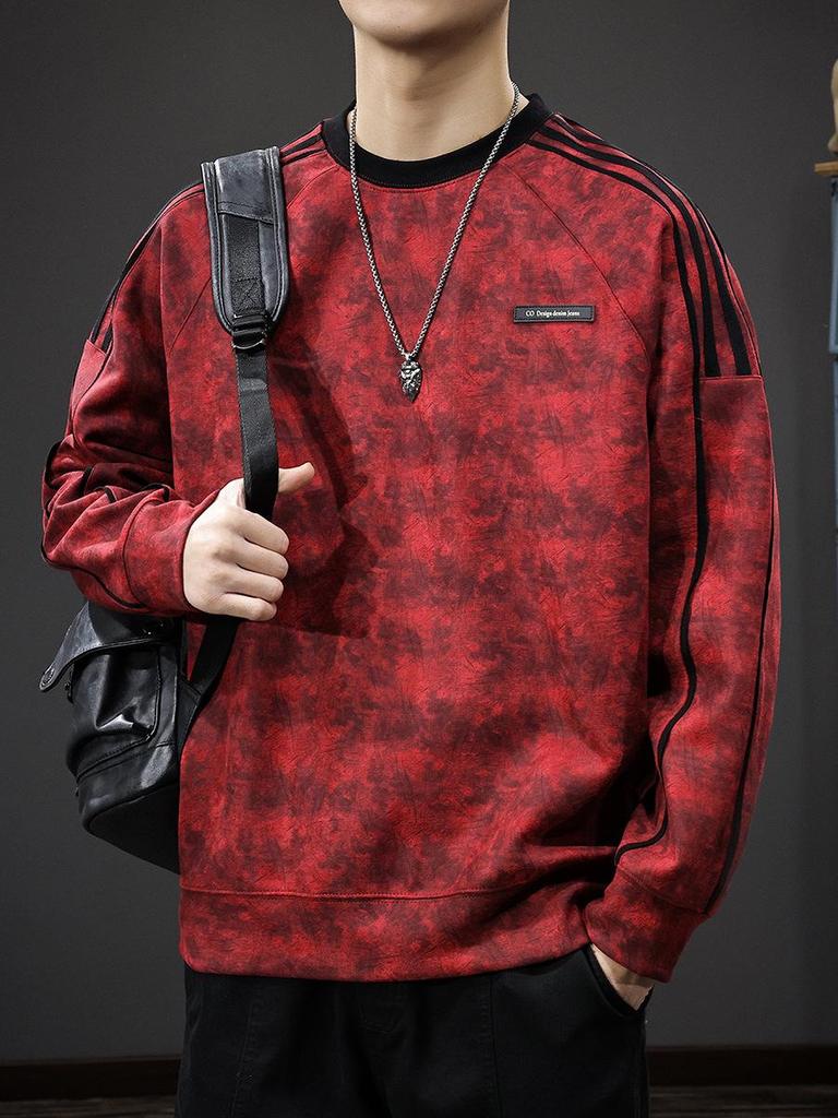 Herren Herbst Wildleder Plüsch Gestreifter Hoodie - Schwergewicht, Sportlich, Lässig Rundhals Pullover