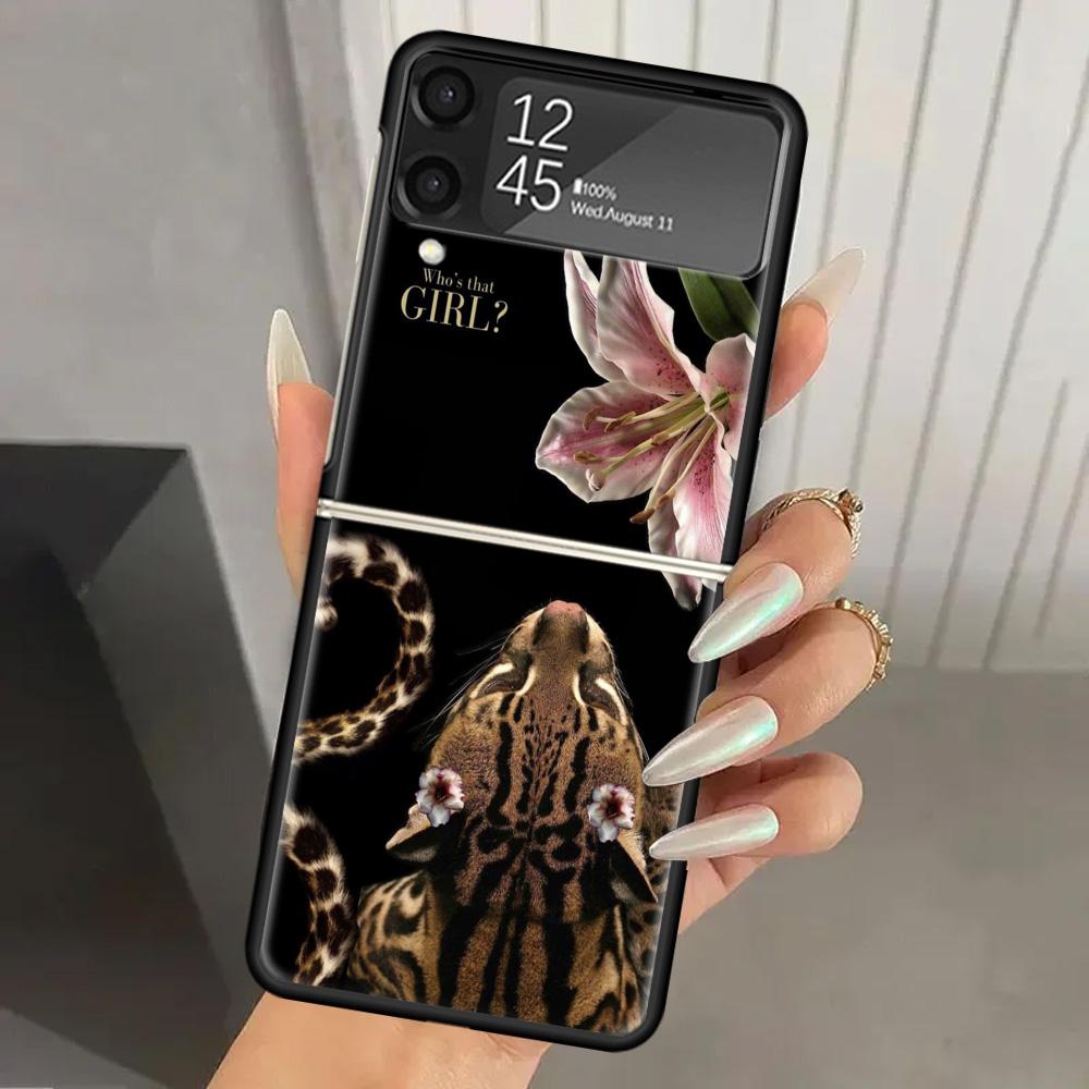 Pink Leopard Print Hard PC Phone Case For Samsung Galaxy Z Flip 7 6 5 4 3 Black ZFlip7 ZFlip6 Flip5 Flip4 Flip3 5G Print Cover