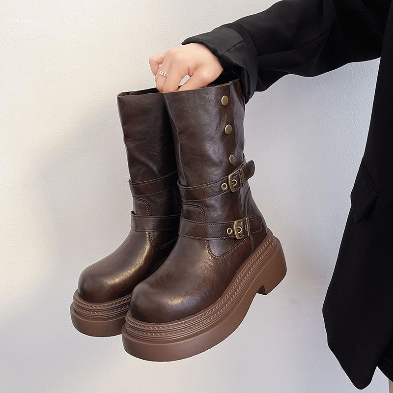 Zwei Tragevarianten können gefaltet werden~ Dicksohlige Martens, dünne und vielseitige Ritterstiefel für Damen, Stiefeletten für Damen