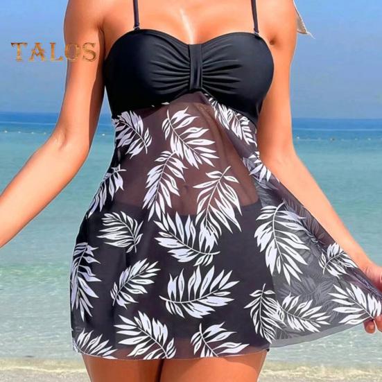 Conjunto de 2 piezas de tankini con tirantes ajustables, relleno, aros, bandeau, calzoncillos tipo bóxer, diseño de empalme de malla, ropa de baño para playa