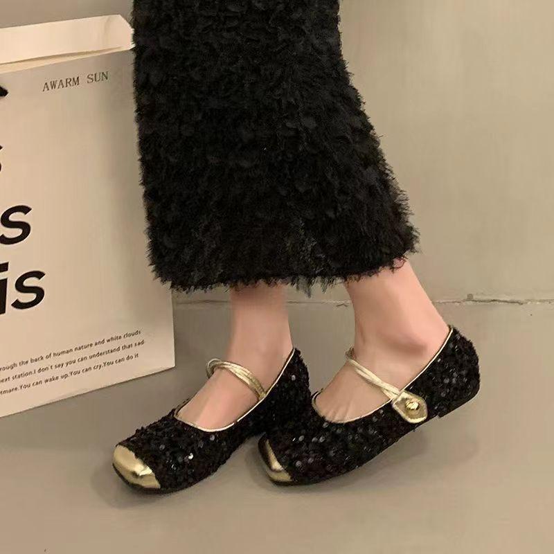Xiaoxiangfeng sequined flat-bottomed evening gentle shoes women's 2025 new spring and autumn French temperament square head Mary Jane single shoes