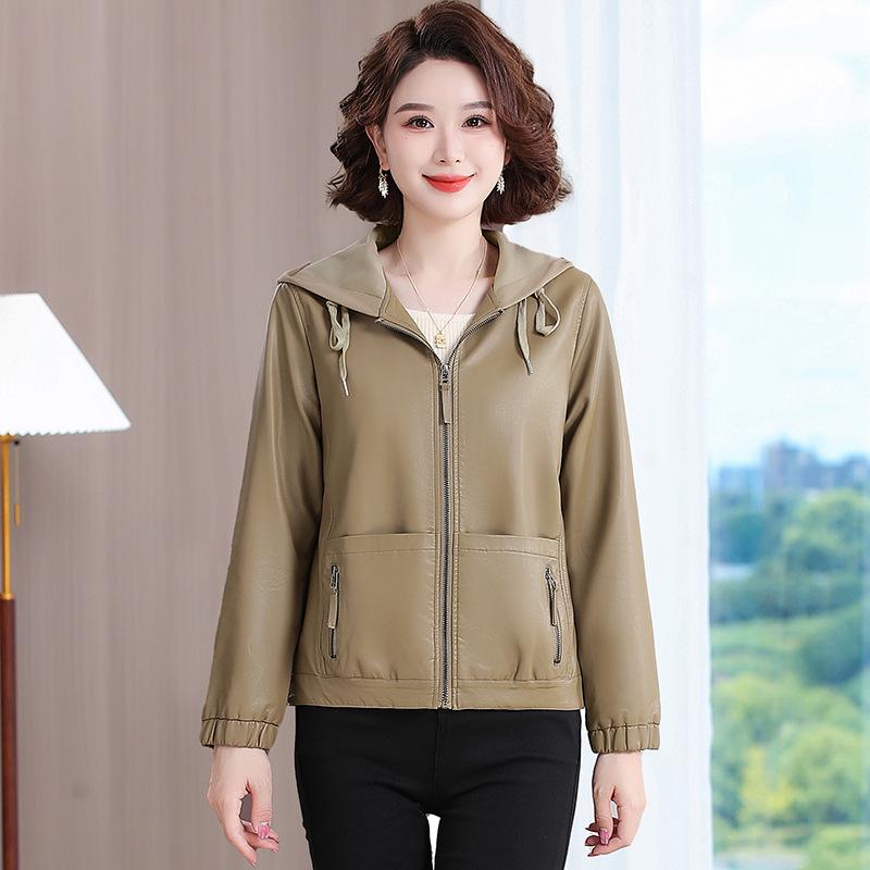 Wiosna/Jesień 2025 Damski Krótki Płaszcz z Kapturkiem ze Skóry PU - Stylowa Kurtka na Zamek dla Młodych Mam.