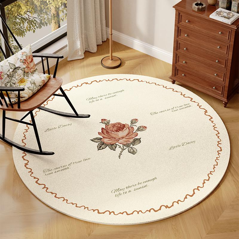 Floral Round Rug – Fluffy Soft Plush Carpet for Living Room, Bedroom & Study, American-Style Home Decor