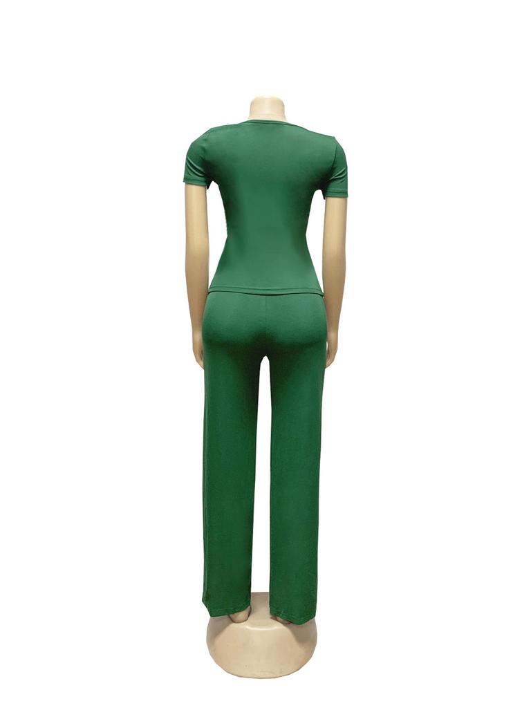 TW730 Summer Fashion Solid Color Square Neck Top & High Waist Wide Leg Pants Set
