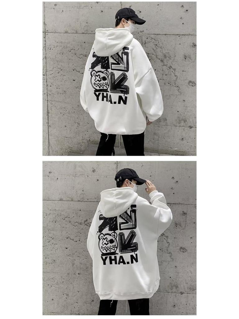 Men's Heavyweight Hooded Sweatshirt - Trendy Autumn/Winter High Street Style, Loose Fit, Velvet Lined.