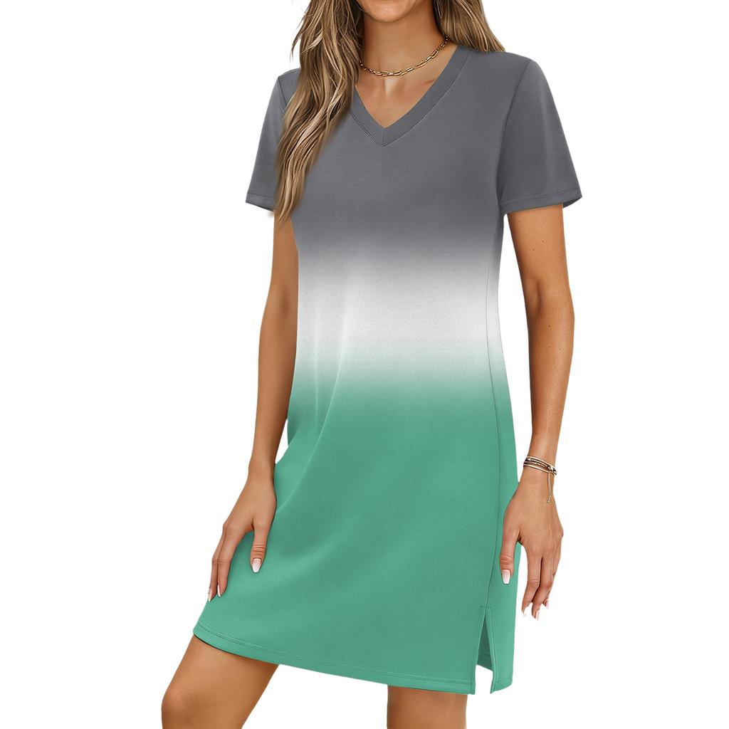 Women's Casual V-neck Short Sleeve Split Hem Gradient Dress