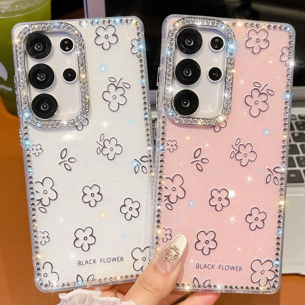 For Samsung Galaxy S25 Ultra Case with Straight Mirror Kickstand Rhinestone Edge Flower TPU+PC IMD Phone Cover