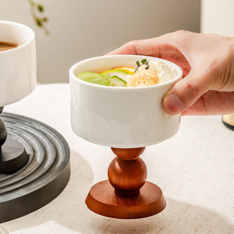 Retro Ceramic Cup with Wooden Stem: French Dessert, Ice Cream, Pudding, or Candle Holder