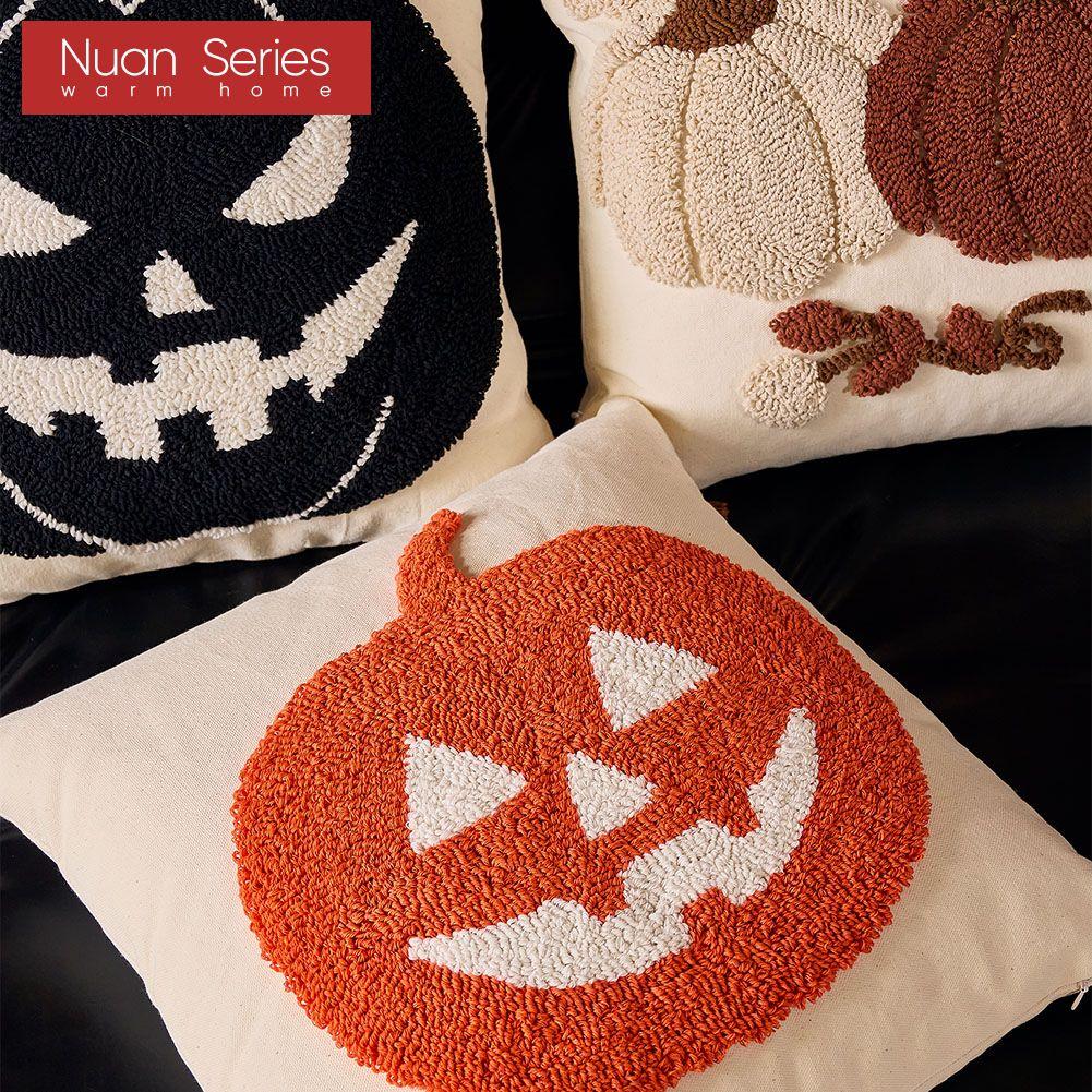 1PC Nuan Series Ins Cartoon Pumpkin Pattern Halloween Cushion Cover Plush Flow Embroidery Pillowcase for Sofa Living Room Bedroom Home Decor