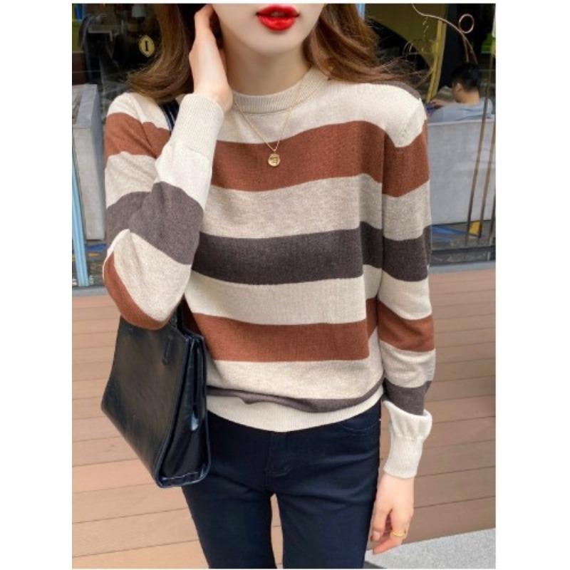Striped Bottoming Shirt Women's Autumn and Winter Thin Inner with New Loose Sweater Knitted Sweater Long Sleeve Early Autumn Top