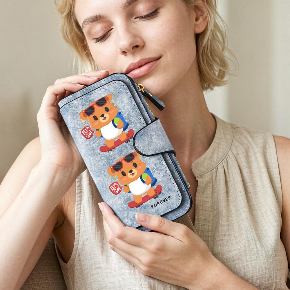 Cute Bear Print Long Wallet Fashion PU Leather Portable Purse Casual Card Holder for Daily Use