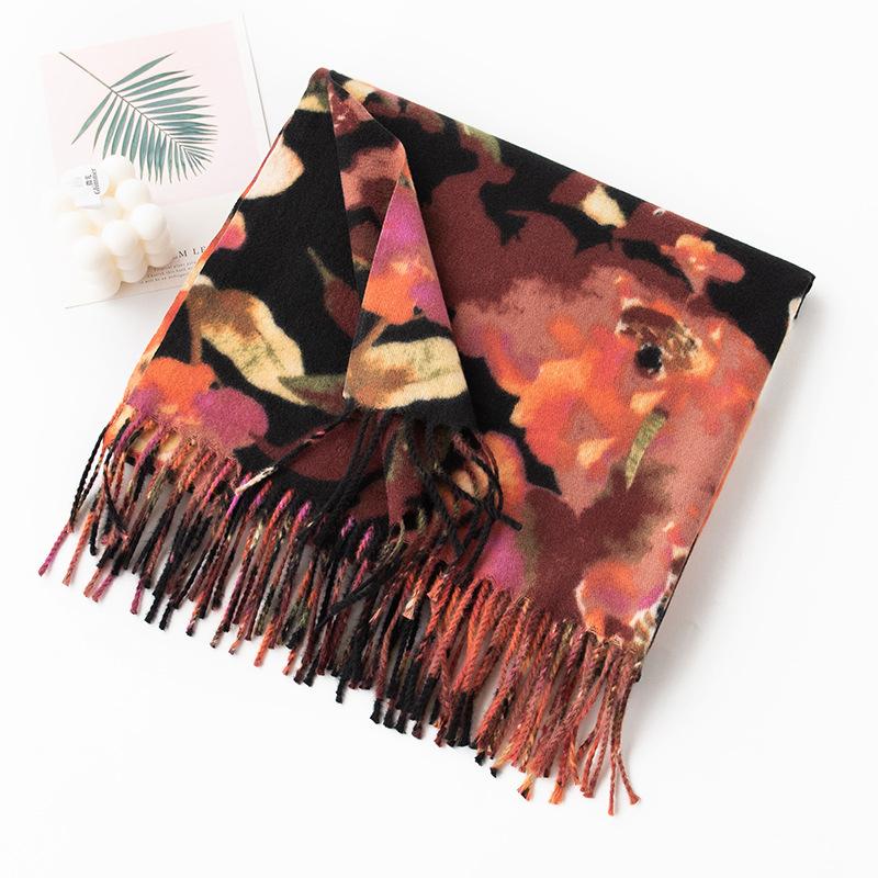 New Soft and Warm Imitation Cashmere Large Flower Print Tassel Scarf High End Women's Scarf Shawl