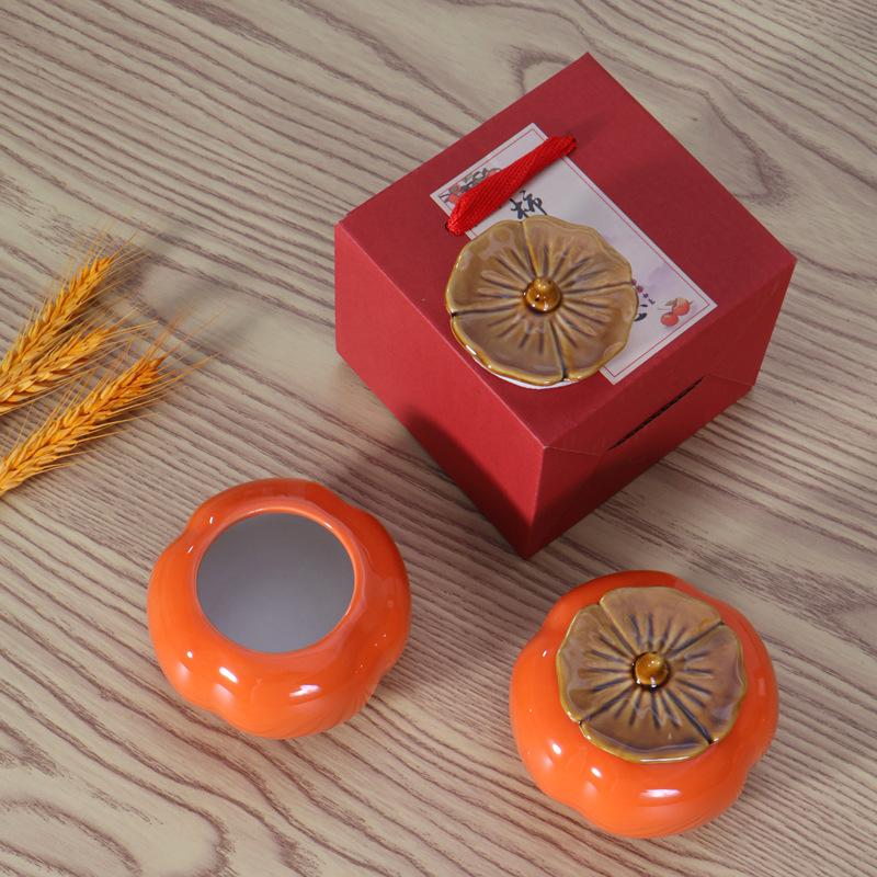 Persimmon tea can, persimmon ruyi gift box, souvenir gift, candy jar, ceramic sealed jar, happy candy wedding celebration