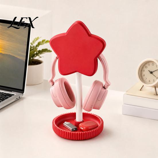 Anti-tangle Headphone Holder Cute Star Stand with Storage Tray, 3D Printed PLA Headset Hanger & Desk Organizer for Small Items Organizer, Macaron