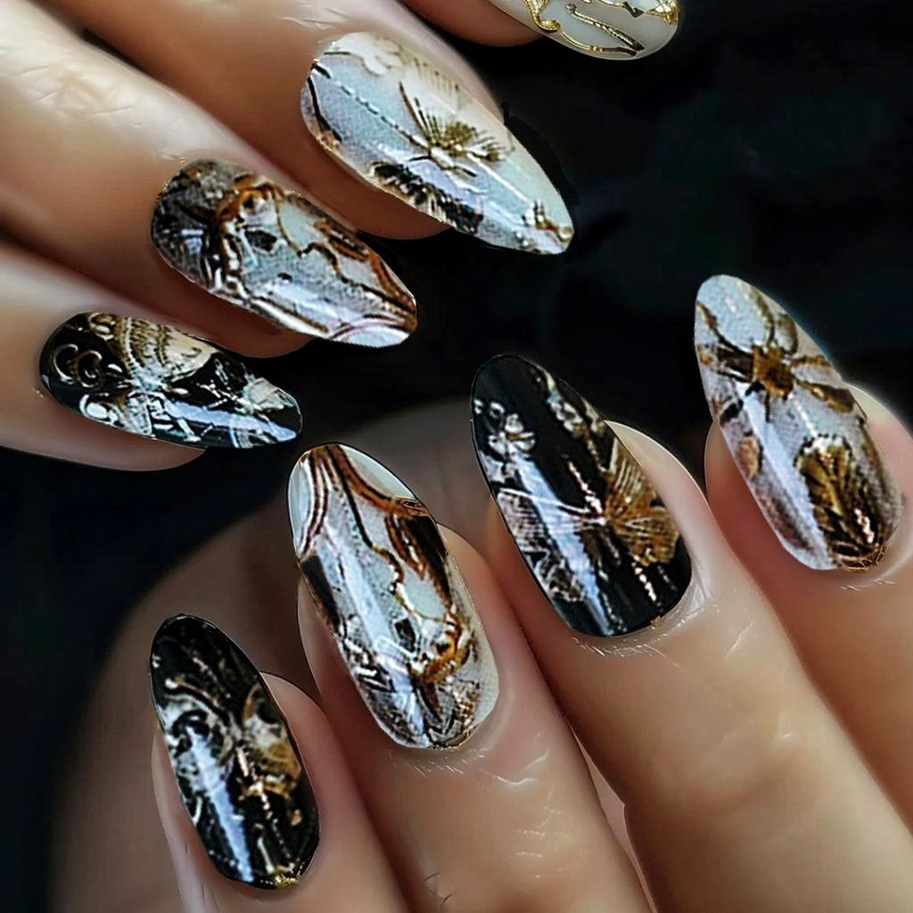 24Pcs Mid Length Almond Full Cover Nail Tips with 3D Silver Irregular Metal Design Press On False Nails