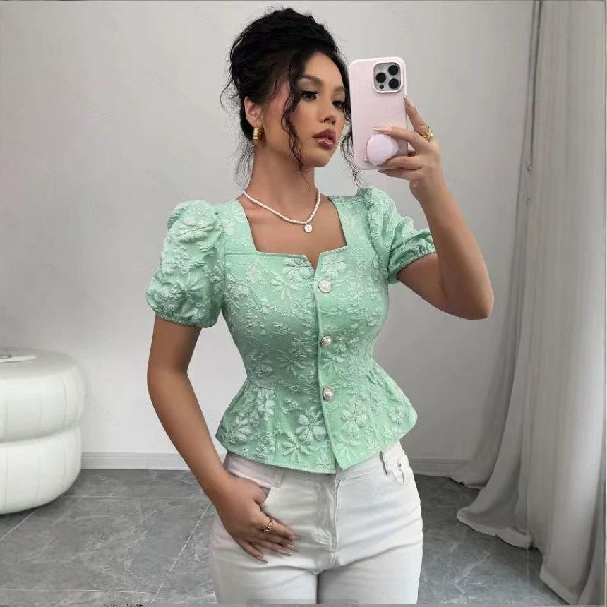European and American Summer Women's Elegant Square Neck Puff Sleeve Top