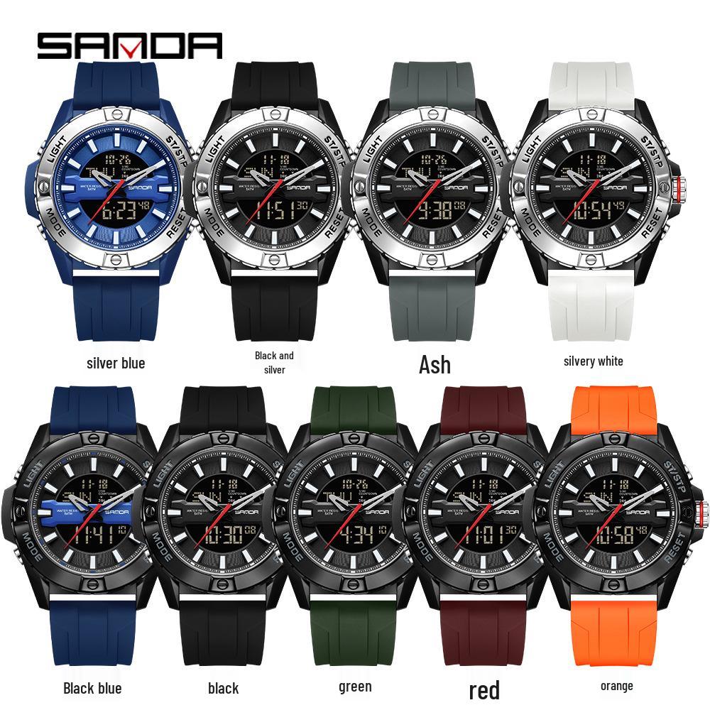 SANDA Multifunctional Outdoor Waterproof Watch with Three-Time Zone and Calendar Features for Students