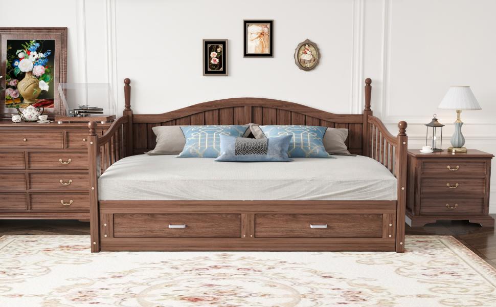 Extendable Sofa Bed 90/180*190 cm, with Roman Columns, Curved Backrest and Armrests, Drawers and Slatted Frame, Multifunctional Bed Pine Wood, Walnut