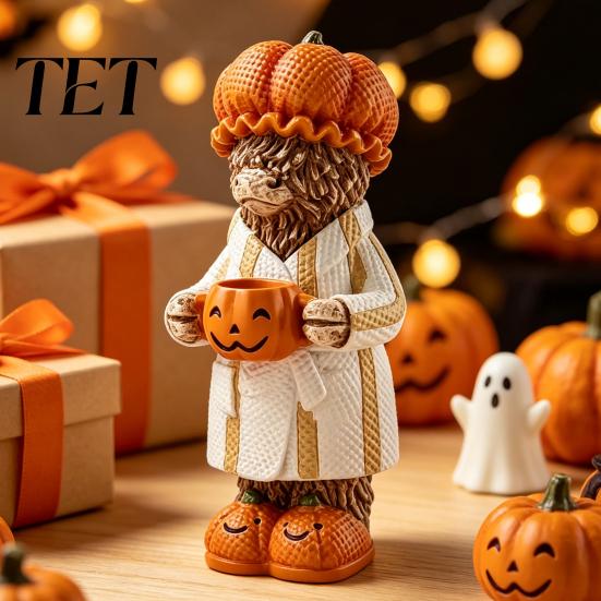 Unique Fall Gifts for Cow Lovers Halloween Highland Figurine, Resin Statue with Pumpkin Mug, Rustic Kitchen Countertop Decor Farmhouse Tabletop