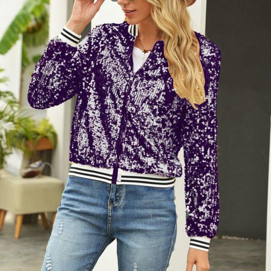 Women Jacket Shiny Sequin Long Sleeve Stand Collar Striped Loose Zipper Closure