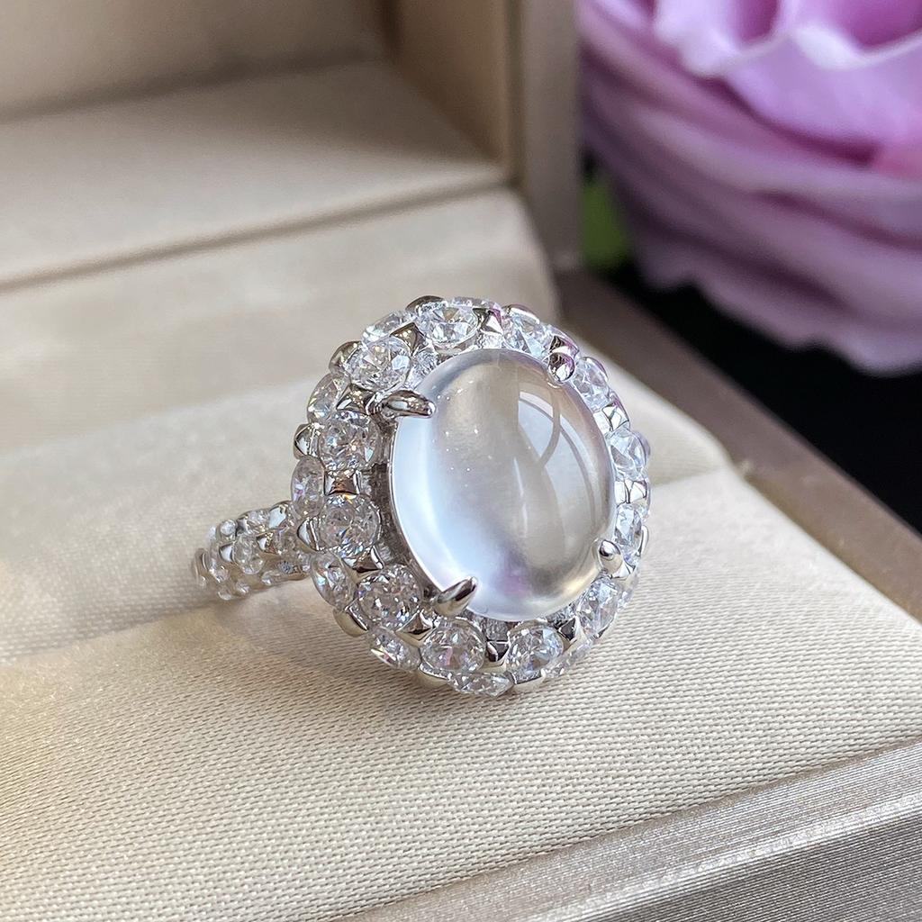 Natural Ice Transparent Gray Agate White Chalcedony Retro Open Ring Women's Oval Ring Hand Jewelry